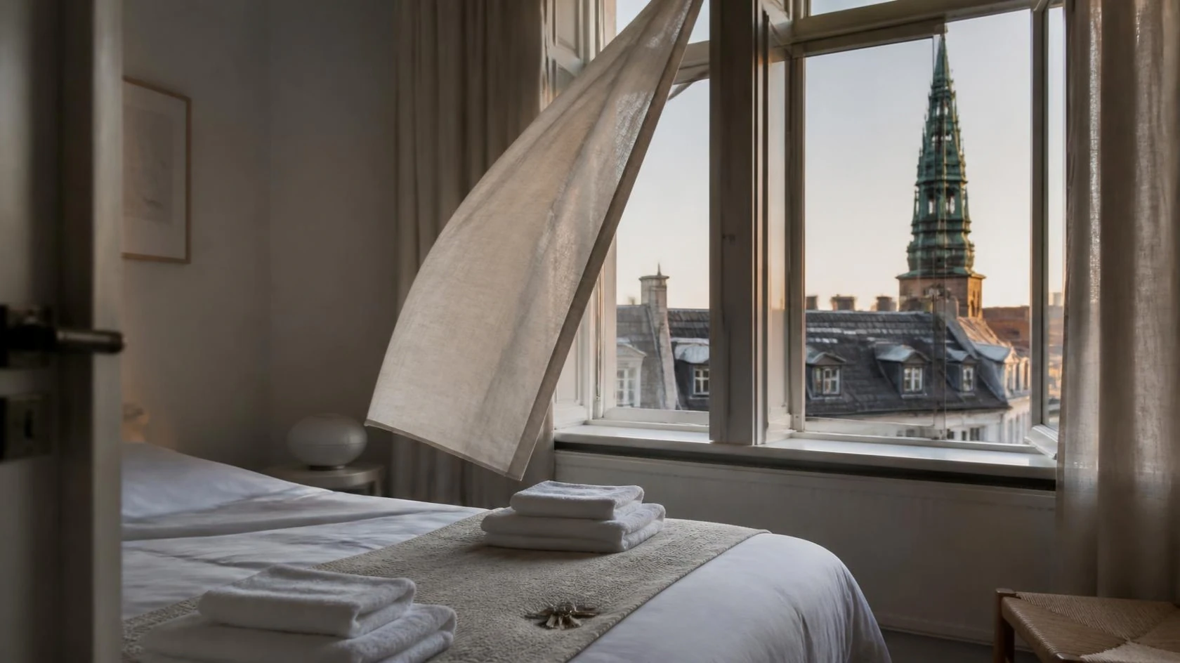 Soveværelse i en københavnsk lejlighed gjort klar til Airbnb-gæster med udsigt over tagene