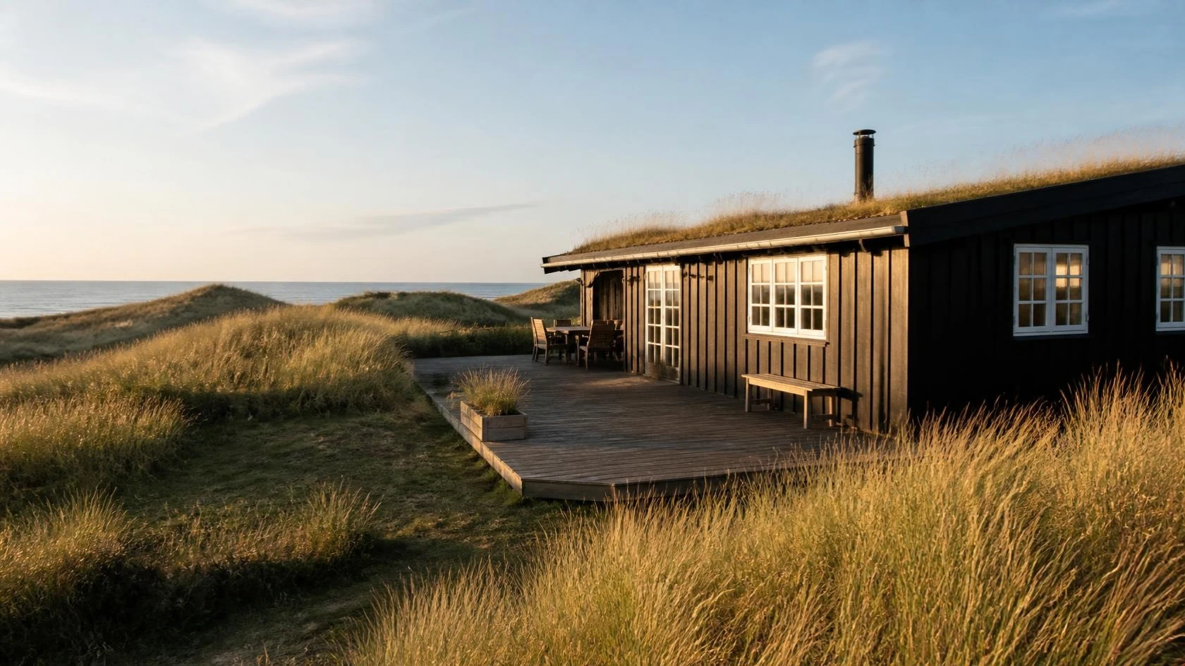 Sortmalet dansk sommerhus i klitterne ved Vesterhavet i aftensol